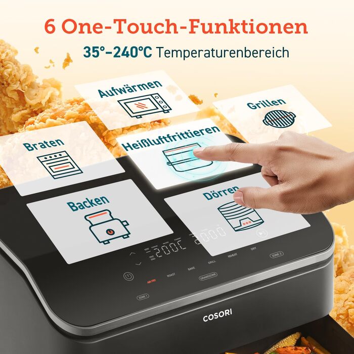Аерофритюрниця COSORI Dual Blaze XXL 10л, 2 камери, 8-в-1, подвійна чаша, знімний роздільник, нижній нагрів, 70 рецептів, для 2-6 осіб, чорна