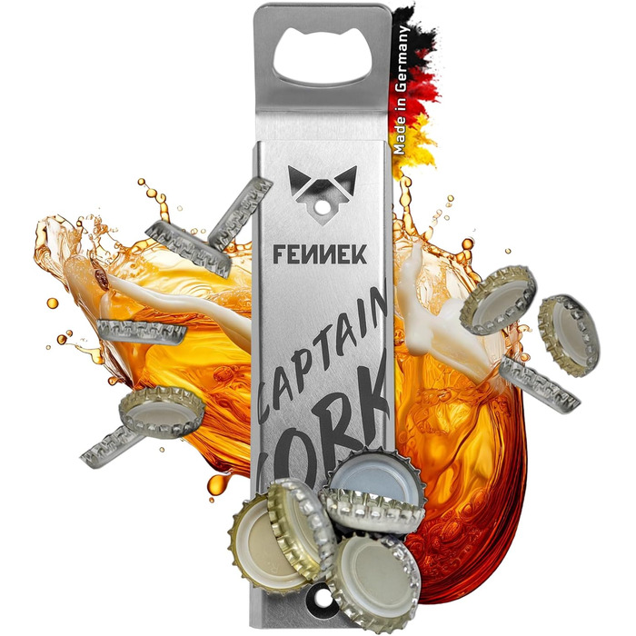 FENNEK Captain Cork | Bottle Opener | Integrated, super-strong magnet for up to 40 bottle caps | Easy mounting with adhesive tape or screws | made of stainless steel | Made in Germany