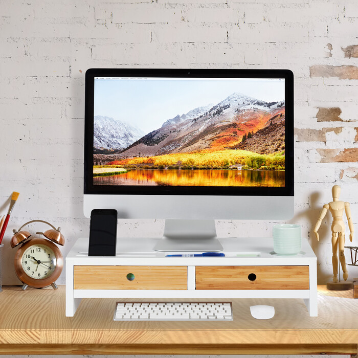 Relaxdays Bamboo Monitor Stand with 2 Drawers, White