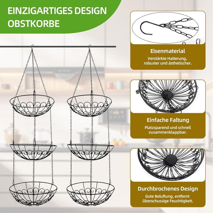 Металева етажерка для фруктів Stöckig 3 яруси - кошик для зберігання, чорний колір, для кухні, вітальні, офісу