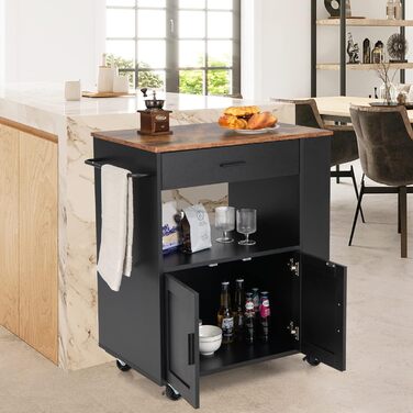 Giantex Rolling Kitchen Cart with Countertop - Kitchen Island with Storage, Mobile Kitchen Trolley with Drawer & 3 Shelves (White & Black)