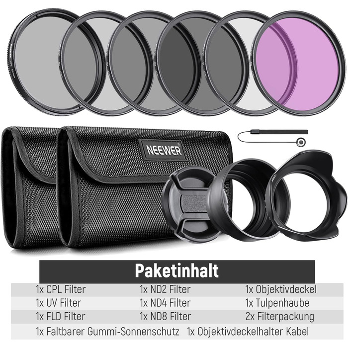 Набір фільтрів Neewer 82mm: UV, CPL, ND2, ND4, ND8, FLD, бленда та кришка об'єктива, сумісний з Canon, Nikon, Sony, Panasonic, DSLR