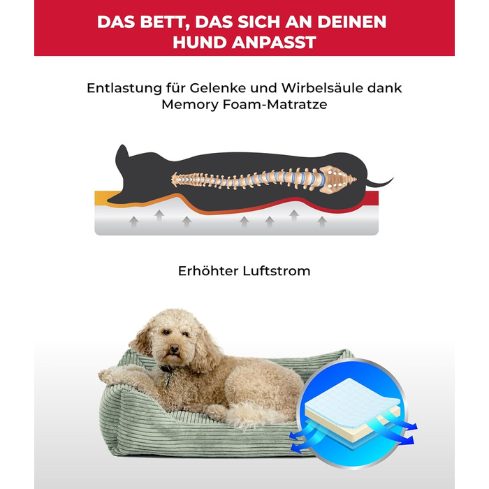 Ортопедичне ліжко для собак HS-Hundebett® Deluxe Cord M (70x90 см) – Зелене ліжко з memory foam для великих собак, миється, не слизьке, Made in Germany
