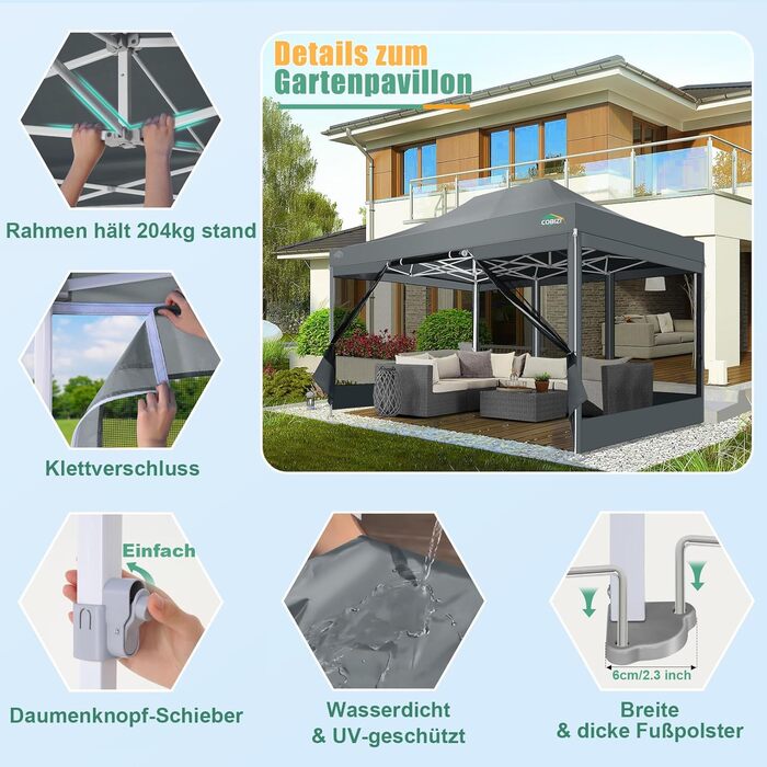 COBIZI Pavilion 3x3m Foldable, Waterproof & Winterproof – Stable Garden Tent with 23mm Steel Pipe, UV50+ and Mosquito Nets for Camping/Parties + Carry Bag (Gray, 3mx4.5m)