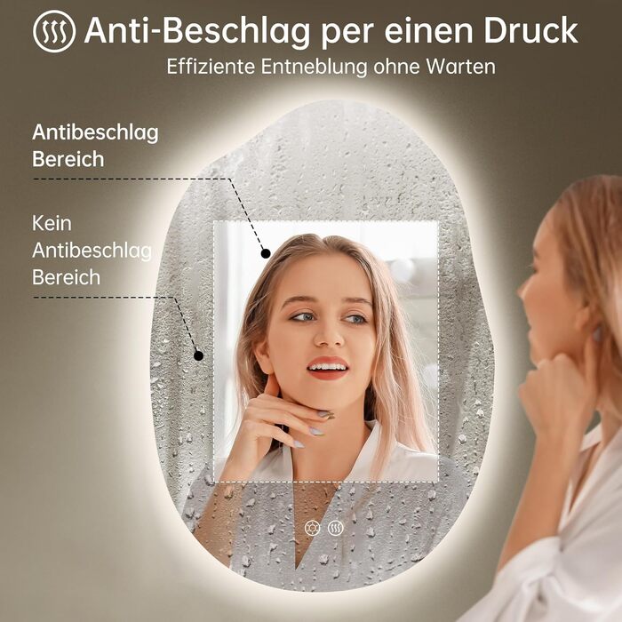 Дзеркало для ванної кімнати з підсвічуванням, арочне, без рами, 50x75 см. Антизапарник, сенсорне управління, регулювання яскравості, 3 кольори світла