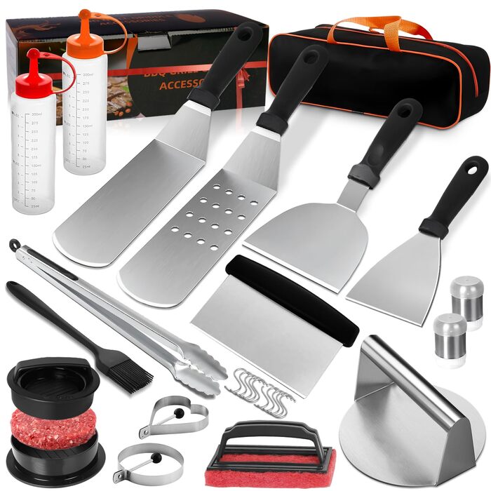 Набір аксесуарів для грилю JUAUO 27TLG: Тепаньякі, прес для бургерів, щипці, сумка, нержавіюча сталь (27 шт.)