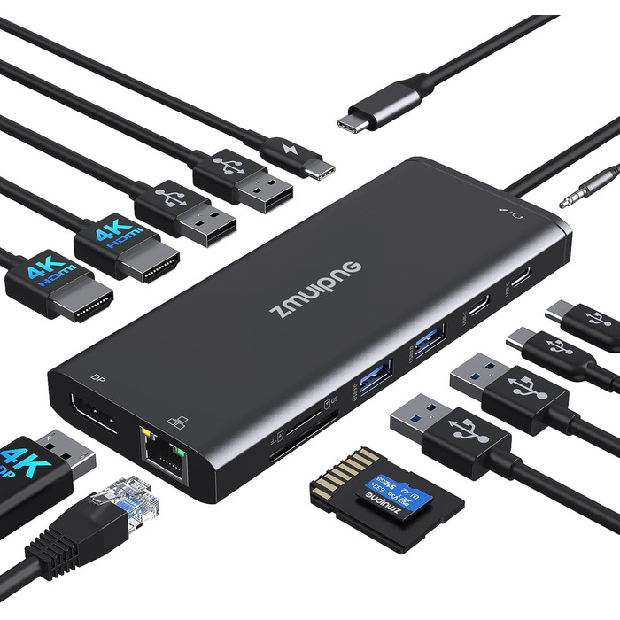 Док-станція USB-C з підтримкою двох моніторів та трьох дисплеїв, 14 в 1 для ноутбуків Dell, HP, Lenovo та інших, з 2x 4K HDMI, DisplayPort, Ethernet, 4x USB, 100W PD, USB-C Data, SD/TF, Audio/Mic (Чорний)