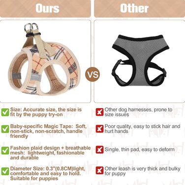 Шлейка та поводок для собак та котів Beautyzool, м'яка сітчаста тканина, світловідбивачі, для дрібних та середніх цуценят та котів, в клітинку, XS/S, Бежевий (37-41 см обхват грудей)