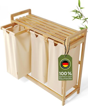 AMBIAVO® Laundry Hamper Beige – Laundry Basket with 3 Compartments and Shelf, 90L – Bamboo Laundry Sorter & Dirty Laundry Container – Laundry Basket with Shelf – Laundry Sorting System for Order in Your Household