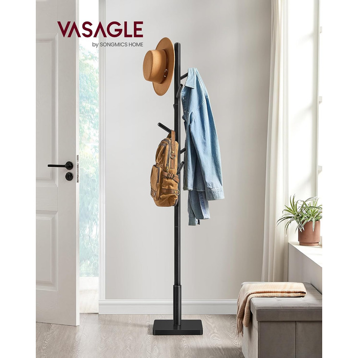 VASAGLE Coat Rack, Clothes Rack Solid Wood, Tree Shape Jacket Stand, 8 Hooks for Jackets, Hats, for Entryway, Hooks and Holding Rod made of Rubberwood, Cloud White RCR00W02 (Ink Black, 1)