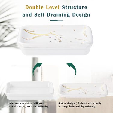 Підставка для мила Shinowa з подвійним шаром та знімним контейнером для води, білий мармур з золотим візерунком