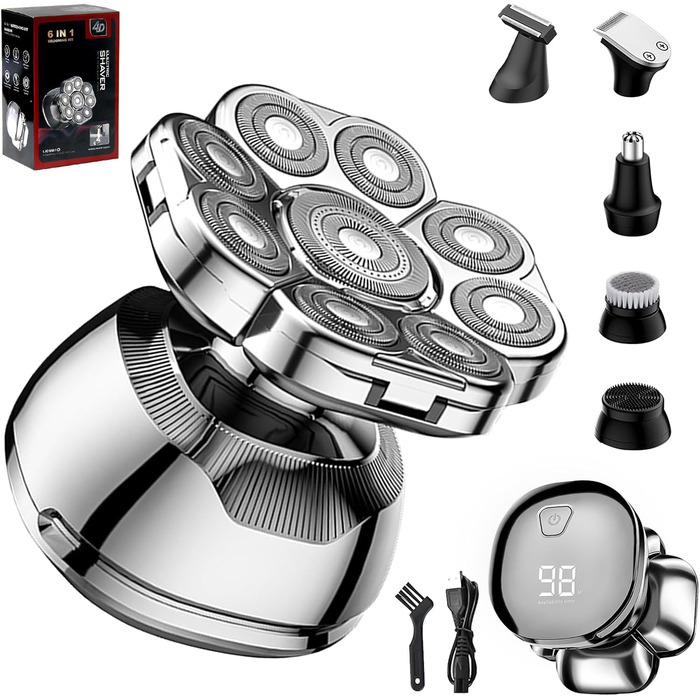 Електричний гостростример для голивної голови Glatzen, 6-в-1, з плаваючою насадкою 9D, IPX7 водонепроникний, LED дисплей, Type-C, для чоловіків