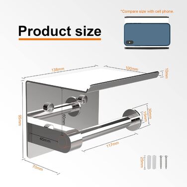 Тримач туалетного паперу Ibergrif з 2 способами монтажу, без свердління, з полицею, нержавіюча сталь, сріблястий