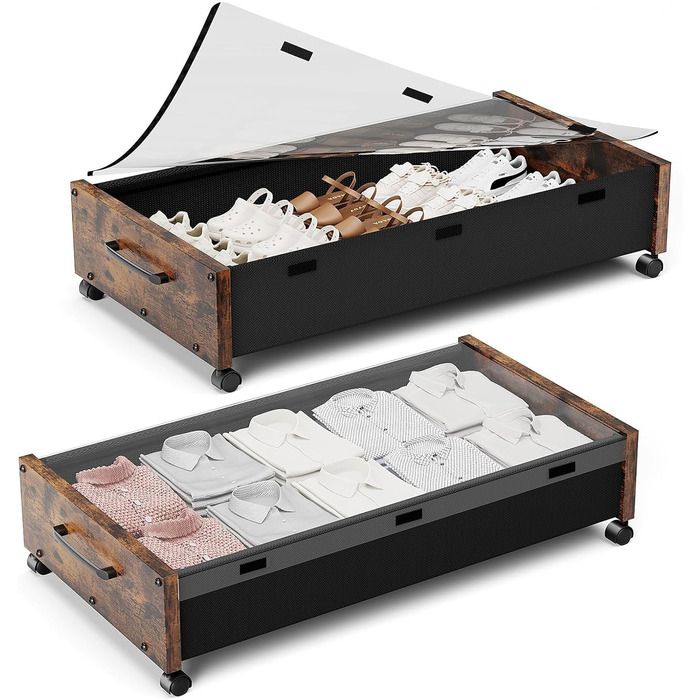 Підліжкова комода на колесах з дерева, знімний верх, великі металеві контейнери для зберігання взуття, ковдр, одягу, спальня, гуртожиток (Вінтаж-коричневий, 2 шт.)