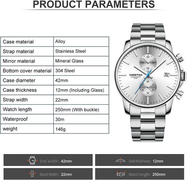 Чоловічий годинник-хронограф з нержавіючої сталі та металу, водонепроникний, кварцовий, з авто-датою та яскравими стрілками (білий)