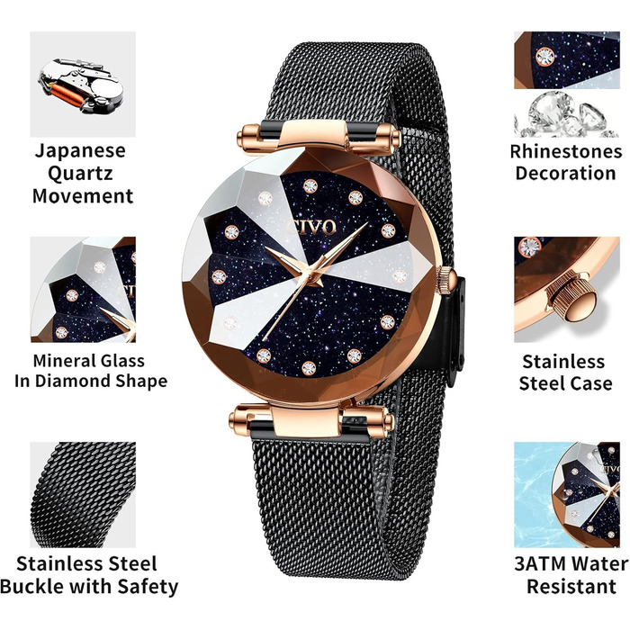 Жіночий годинник CIVO V-4 чорного кольору: водостійкий, мінімалістичний, кварцовий, елегантний, для повсякденного носіння