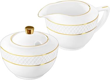 Wilmax Sugar Bowl + Milk Jug Set - 2-Piece - Porcelain Milk & Sugar Containers with Gold Pattern - White - Sugar Dispenser with Lid - Coffee Service for Milk Coffee Tea