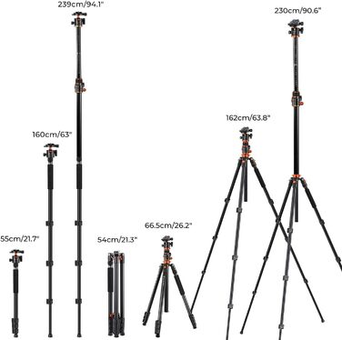 Штатив K&F Concept T254A7+BH-28L для камери, 230 см, з кульковою головкою, 10 кг, для зовнішньої та внутрішньої зйомки