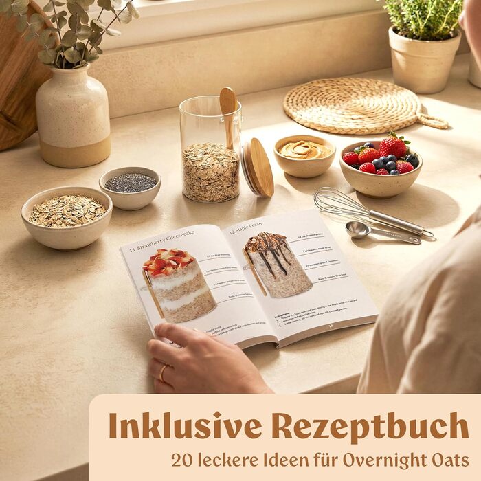 EDELHAUS Банки для Overnight Oats 4x500 мл з кришками, етикетками та ложками - герметичні скляні банки для вівсянки, йогурту, чиа-пудингу, спецій