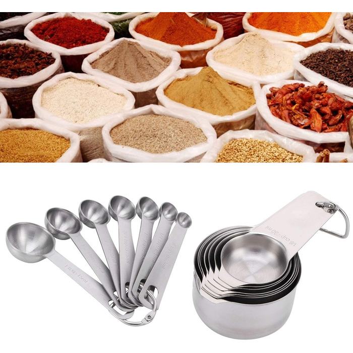 Set of 14 measuring cups and spoons with graduated measuring spoons for baking, measuring spoons made of food-grade stainless steel with a narrow head