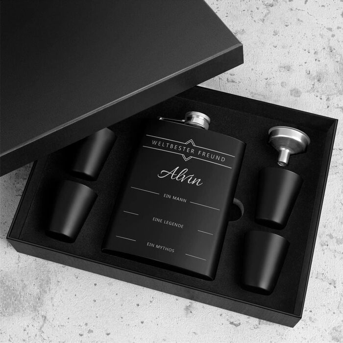 Набір Maverton Flachmann Set: фляга 200 мл з гравіюванням + 4 склянки для шнапсу 20 мл з воронкою - чорна фляга для чоловіків (Дружба)