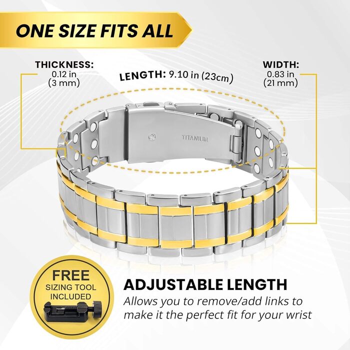 Браслет-магнітотерапія MagnetRX® Titan для чоловіків - титановий, регульований, з надійним застібкою (срібло/золото)