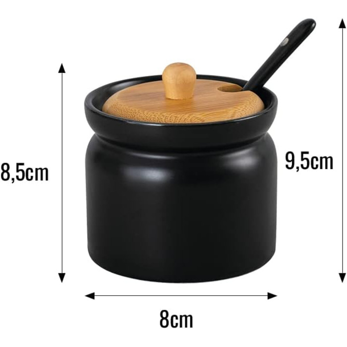 Цукорниця керамічна з бамбуковою кришкою та ложкою, цукровий контейнер (кругла, чорна)