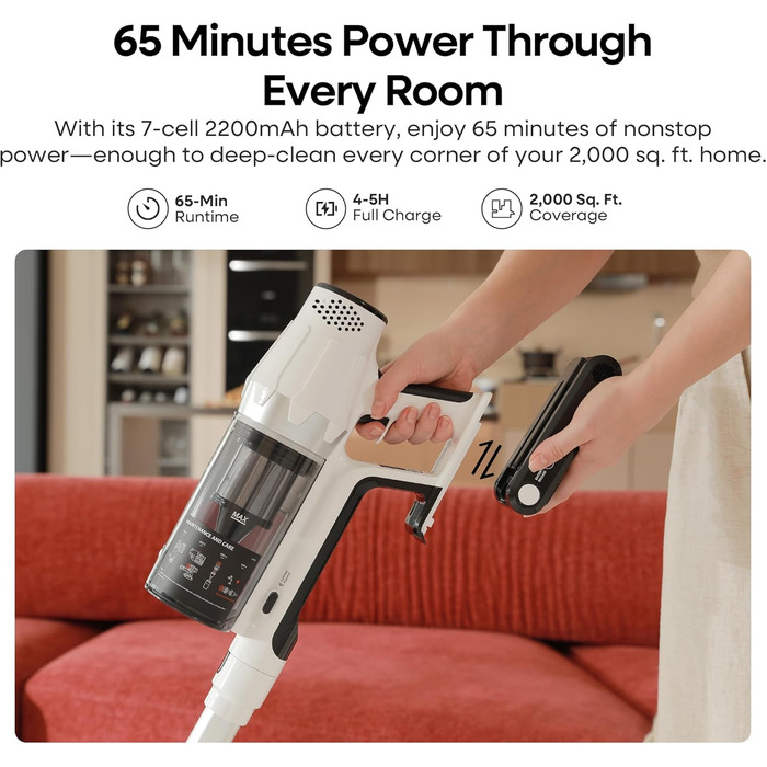 Акумуляторний пилосос ElecKeys 48000Pa/580W з LED дисплеєм, білий. Підходить для твердих поверхонь, килимів та видалення шерсті тварин. 7-шарова фільтрація, антизаплутана щітка, 65 хвилин роботи.