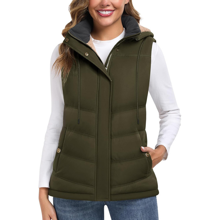 Жіноча жилетка Tuopuda з капюшоном, стеганий фліс, тепла зимова куртка без рукавів, термо жилетка з коміром-стійкою, на блискавці, осінь/зима (армійний зелений, XL)