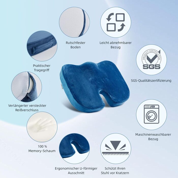 Подушка для попереку та сидіння Egret з піни Memory Foam для офісного крісла та авто, темно-синя – підтримка спини, зняття болю, корекція постави