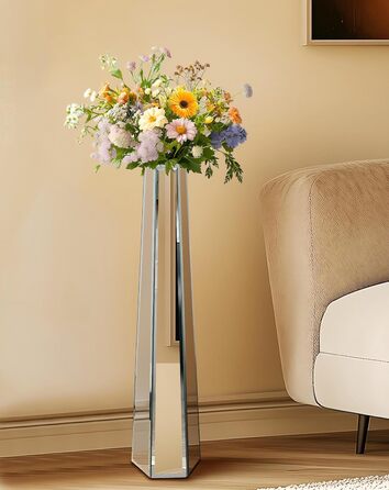 Ваза для квітів на підставці 68 см, срібна з кристалами, для пампасних трав, скляна з дзеркальними діамантами, декоративна, люкс, блискуча ваза для вітальні, декор інтер'єру. Без утримання води (18Ш x 77В см)