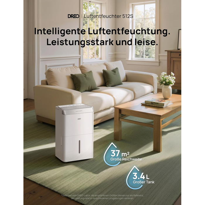 Dreo Електричний осушувач повітря 20л/24г - для приміщень 37 м², енергозберігаючий, тихий, з керуванням через App & Alexa, 3 режими, таймер, регулювання вологості, з відводом води, для спальні та ванної кімнати, білий
