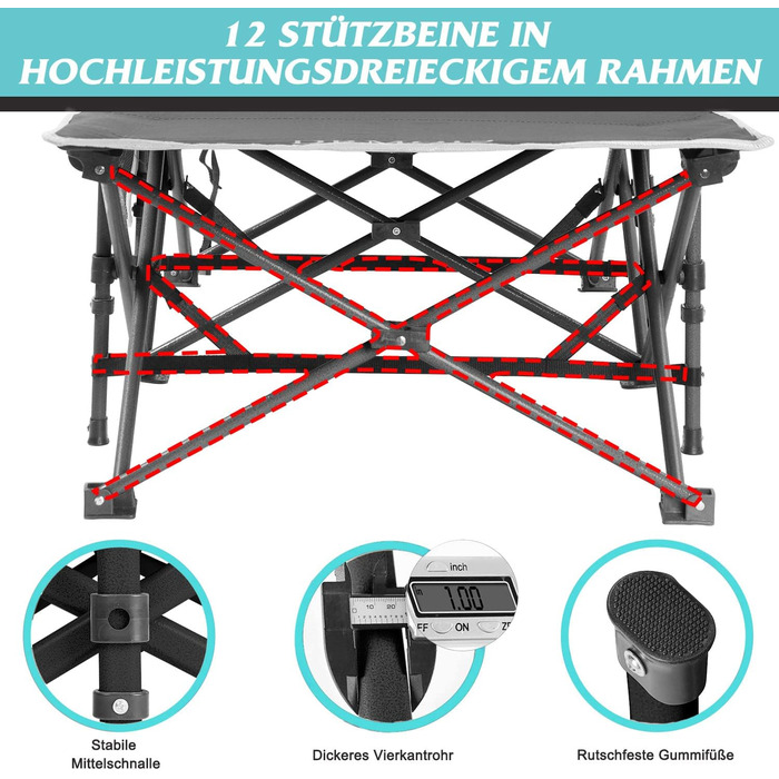 Розкладне ліжко для кемпінгу DRMOIS: велике (XXL), 81 см, вантажопідйомність 400 кг, з ізольованим килимком, сіре