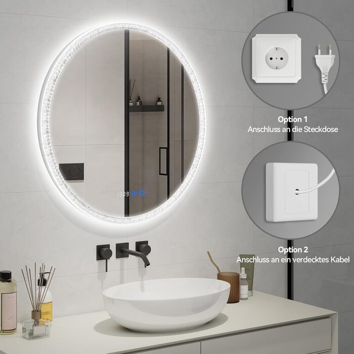 Дзеркало для ванної кімнати YOURLITE з підсвічуванням, 60 см, LED, сенсорне керування, 3 кольори, регулювання яскравості, протизапітніння, функція пам'яті, годинник, білий (сріблястий)