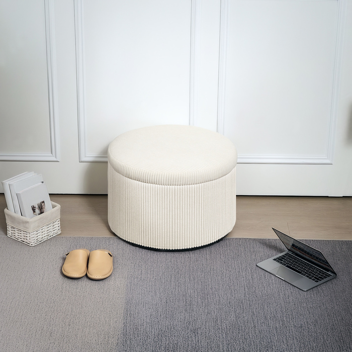 HOMCOM Storage Ottoman with Lid, Round Upholstered Footstool with Corduroy Look for Living Room, Bedroom 60 x 60 x 41 cm Beige | Aosom