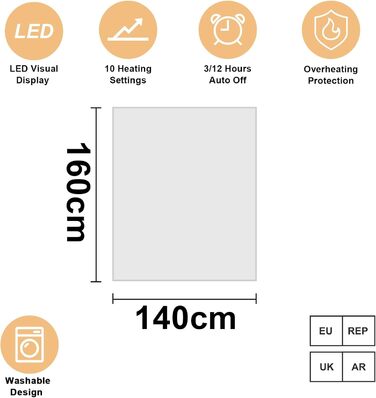 Електрична ковдра DOEL 160x140 см, тепла підстилка для двоспального ліжка з 10 рівнями нагріву, таймер 3/12 годин, машинне прання, 220-230V, 115W, біла