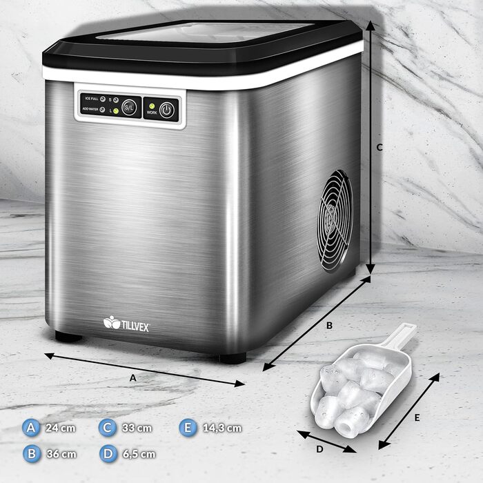 Tillvex Stainless Steel Ice Maker - 12kg Capacity, 24-Hour Production | 2.2L Water Tank, LED Display, Self-Cleaning Function | 2 Ice Cube Sizes