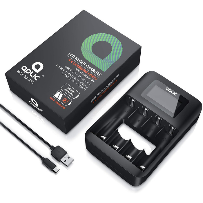 Зарядний пристрій для акумуляторів CSL - 4 слоти AA/AAA NiMH з LCD-дисплеєм, чорний