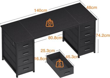 Комп'ютерний стіл Coleshome з 8 тканинними ящиками, 140x48 см, чорний | Стіл для офісу, дому, навчання