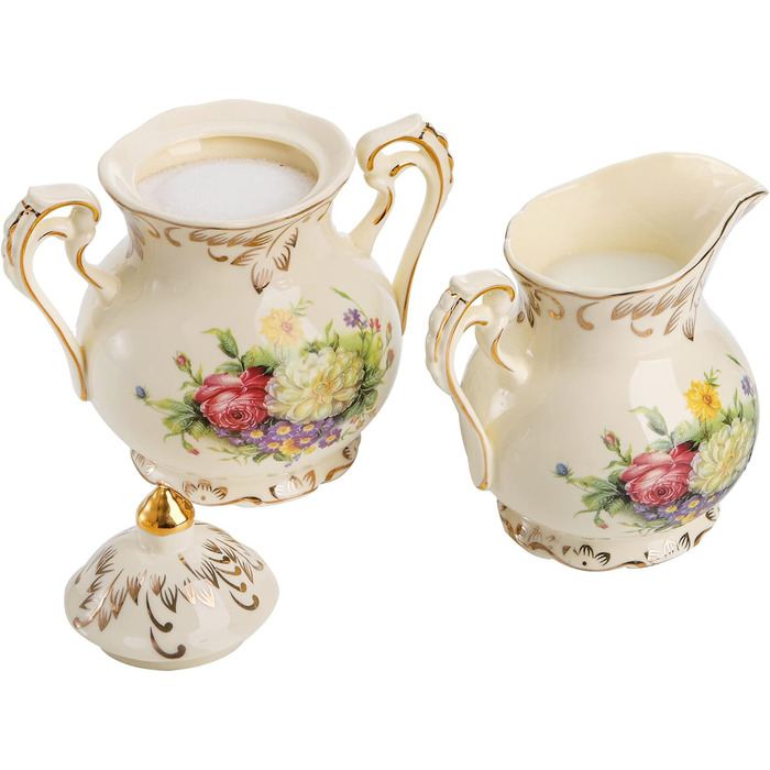 Foreigner's Zucker and Milchkännchen Set, Porcelain Ivory Coffee Serving Set Blossom Bushes Pattern Golden Leaves Edge Cream Pitcher and Sugar Bowl with Lid