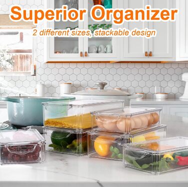 Refrigerator Organizer Set, 6-Piece Organizer Boxes for Refrigerator with Lids, Transparent Refrigerator Boxes Stackable, Storage Boxes for Refrigerator for Kitchen Cabinets