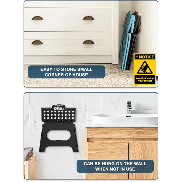 Складний стілець HOUSE DAY 27см чорний: міцний, з антиковзними ніжками та ручкою, для кухні, ванної, дитячої кімнати, кемпінгу, вантажопідйомність 150кг