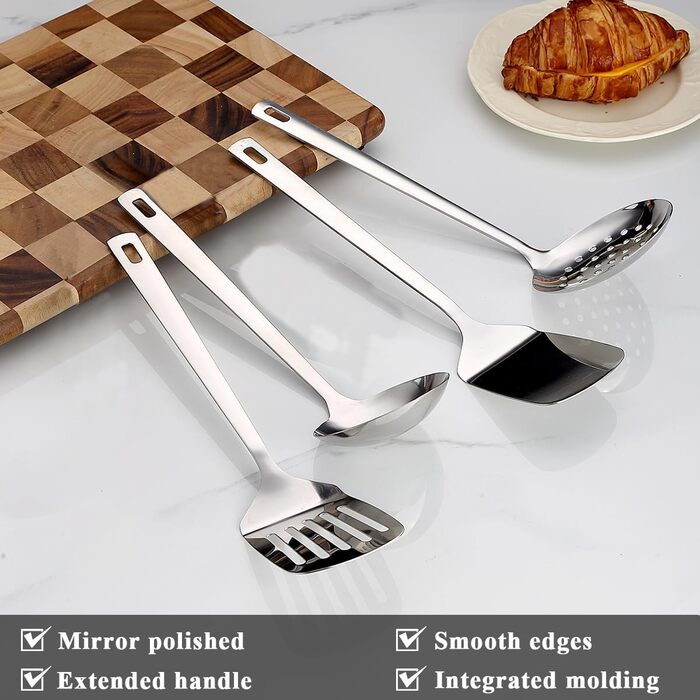 Набір кухонного інвентарю з нержавіючої сталі 4 шт: лопатка для м'яса, шумовка, половник, інструмент для воку - для нового дому та квартири
