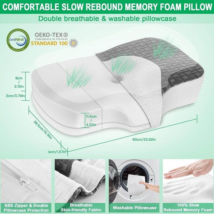 Elviros Orthopedic Memory Foam Pillow, Head Pillow for Neck Pain, Sleep Pillow, Ergonomic Neck Roll, Neck Support Pillow for Shoulder Pain, Anti-Snoring Pillow for Side Sleepers Dark Grey 60 x 38.6 x 9.9/13.5 cm
