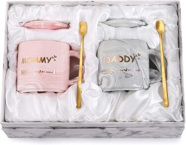 WUWEOT 350ml Coffee Mug Set Ceramic Mommy and Daddy Pair Mugs with Marbling Patterns Coffee Cups Set Gift Set with Lid Spoon Gift Box Perfect for Coffee, Tea, and Water