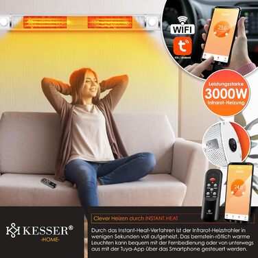 Інфрачервовий обігрівач KESSER® 3000W з LED-підсвічуванням, WiFi та пультом дистанційного керування. Підходить для тераси, кафе, бару. Обігрівач на стіну, кварцовий, з захисним чохлом.