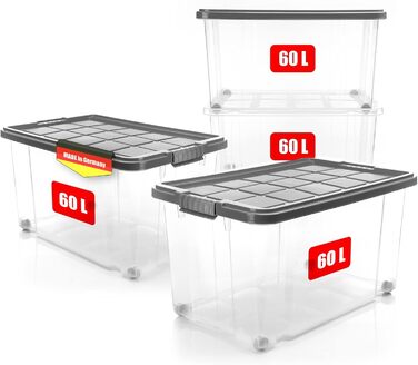 BigDean 4-Piece 60L Storage Box with Lid, Large Steel Grey - Stackable, Robust Box, BPA-Free - Rollable Storage Box with Secure Click Closures - Made in Germany