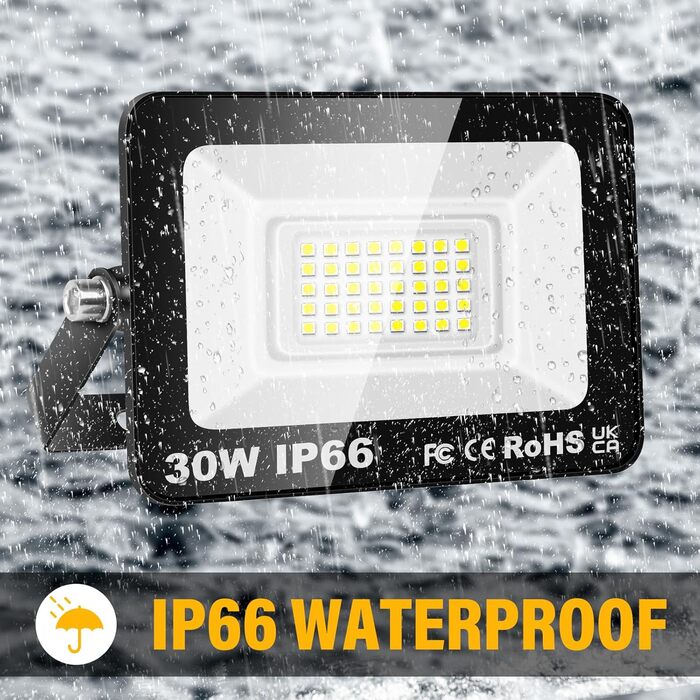 RIGIDON 2x 75W LED Floodlights Outdoor, 7500LM Outdoor Floodlight, 6000K Cool White IP66 Waterproof LED Floodlight Spotlight Floodlight, Outdoor Light for Garden, Courtyards, Garage, Hotel, Sports Field, Workshop (2 x 30W)