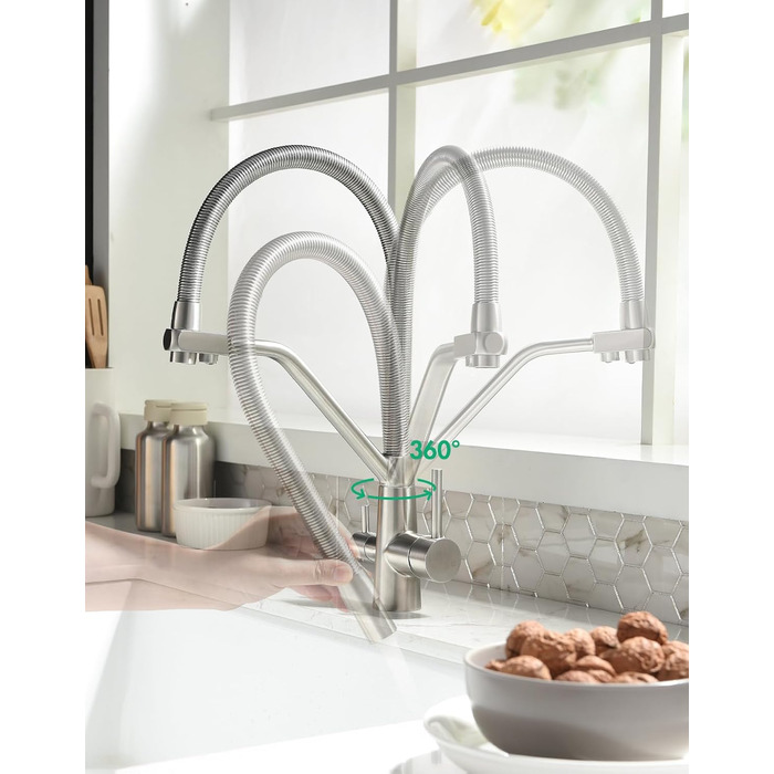 Змішувач кухонний з висувною лійкою, 360° поворот, щіткове золото, для кухні