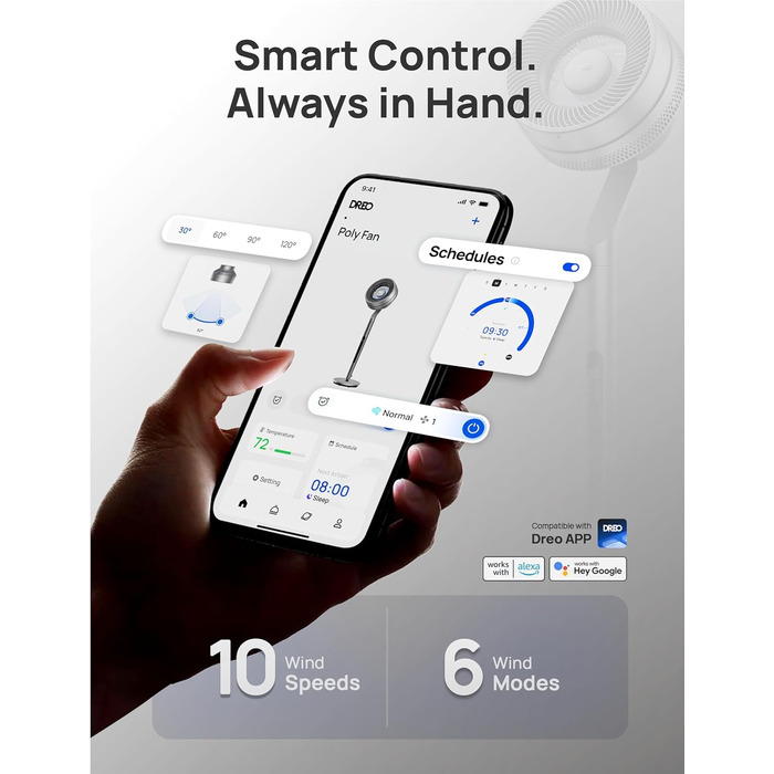 Dreo Smart Standventilator: розумний підлоговий вентилятор з регулюванням висоти, 10 швидкостей, тихий DC-двигун, 30.5 м³/хв, 120°+85° осциляція
